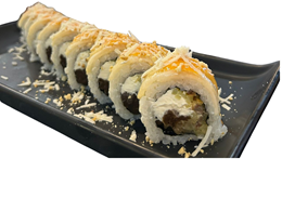 California węgorz w temprze obłożona gruszką i wiórkami grana padano